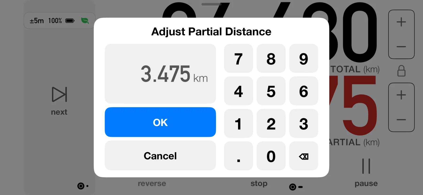 3pMaster on iPhone adjusting the partial distance with a numeric keypad dialog