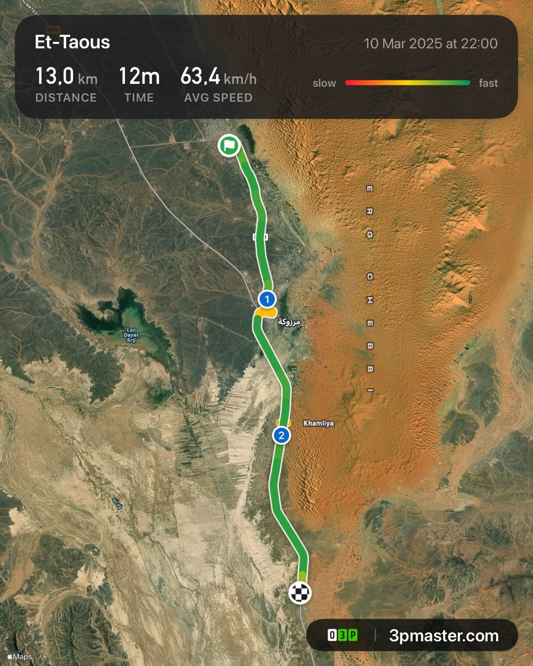 A 3pMaster shared track card: a desert route near Erg Chebbi with distance, time and average speed, marked 3pmaster.com