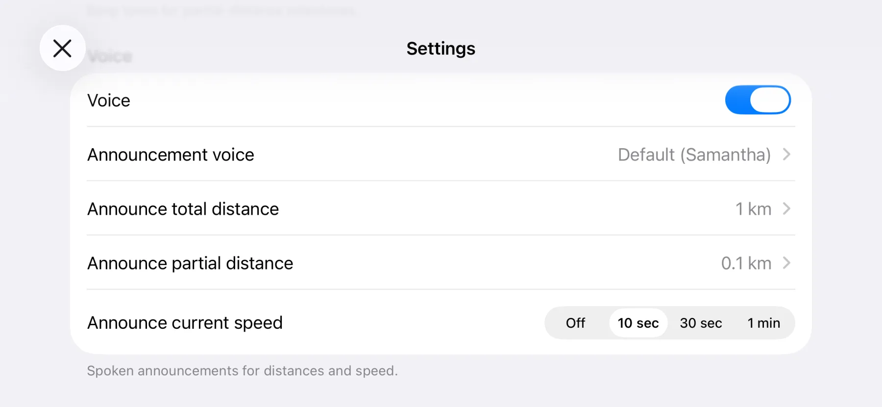 3pMaster voice announcement settings on iPhone: announcement voice, total and partial distance and current speed