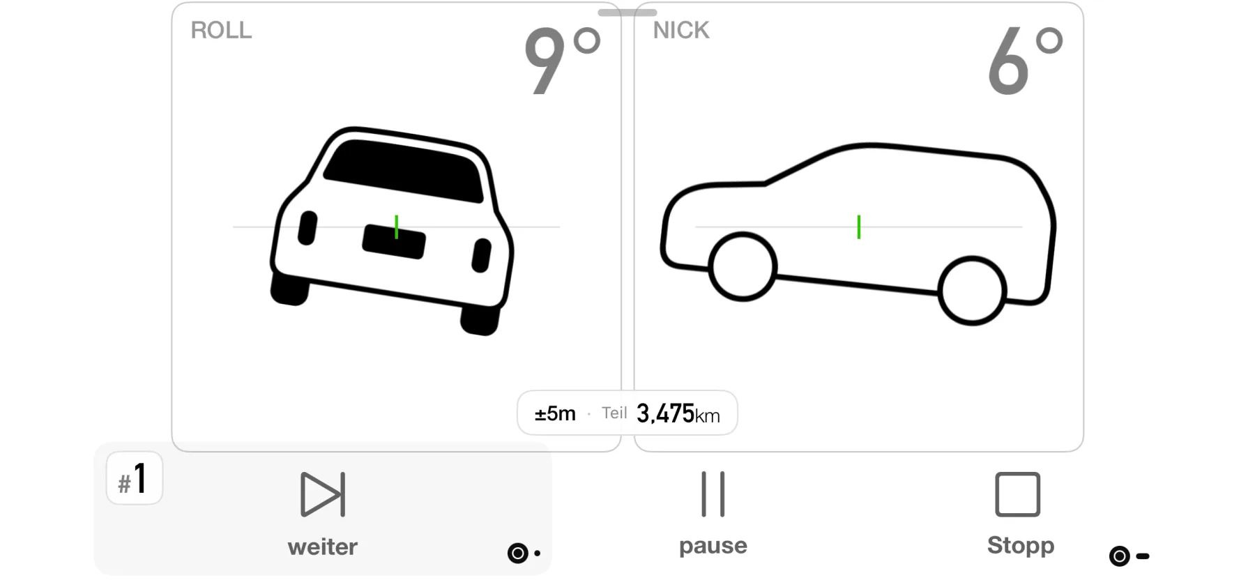 3pMaster Inklinometer auf dem iPhone mit Anzeigen für Roll und Nick zur Darstellung des Fahrzeug-Neigungswinkels
