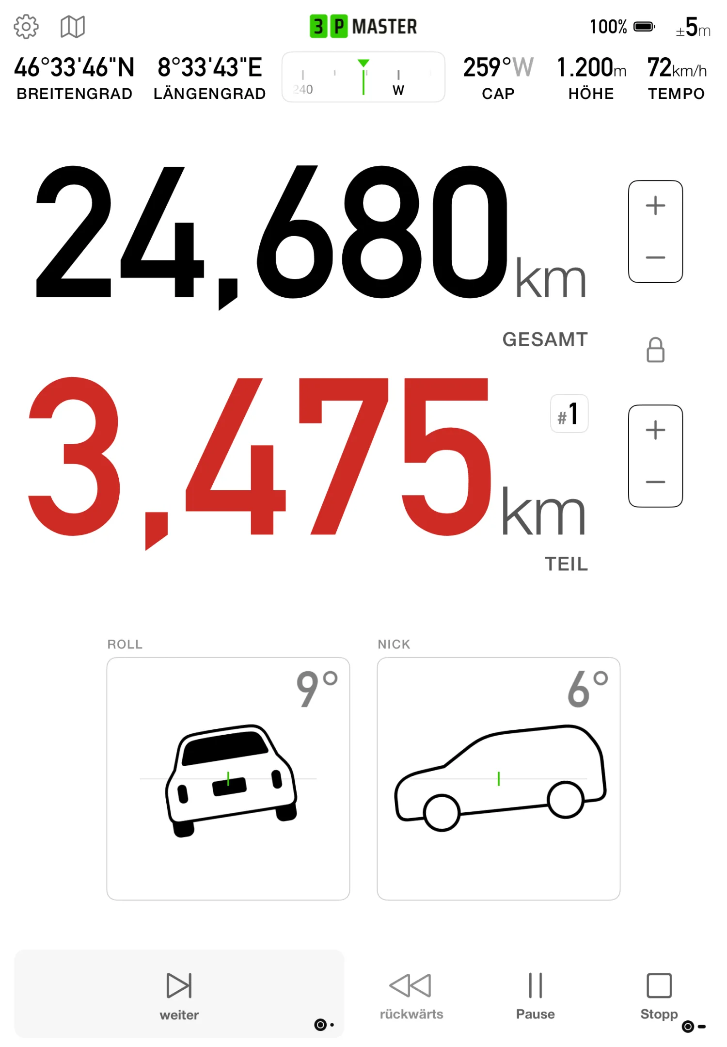 3pMaster Pro Dashboard auf dem iPad im Hochformat mit Entfernungsanzeige sowie Anzeigen für Roll und Nick