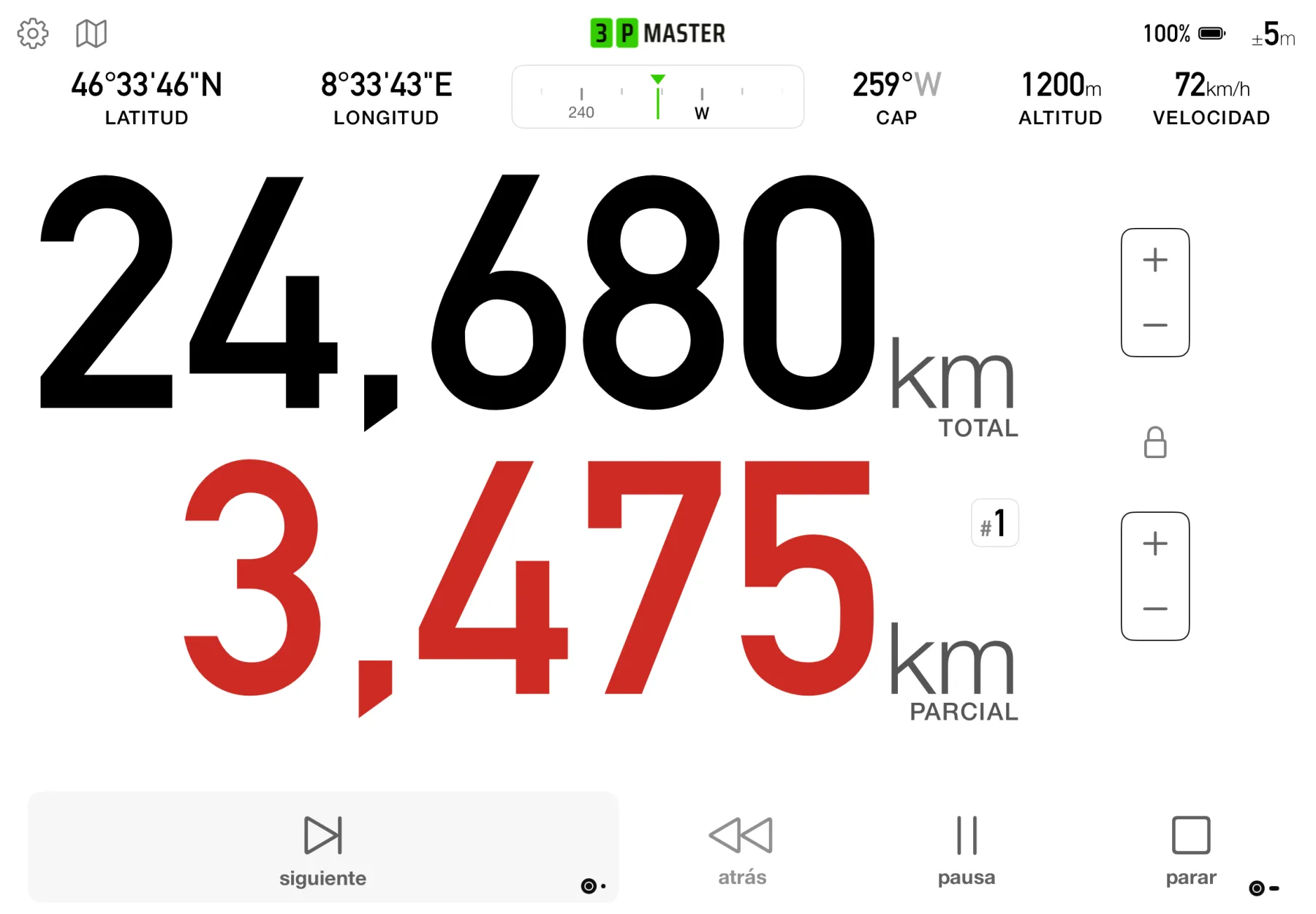 Panel de conducción de 3pMaster Pro en iPad que muestra la distancia total y parcial, velocidad, altitud y rumbo