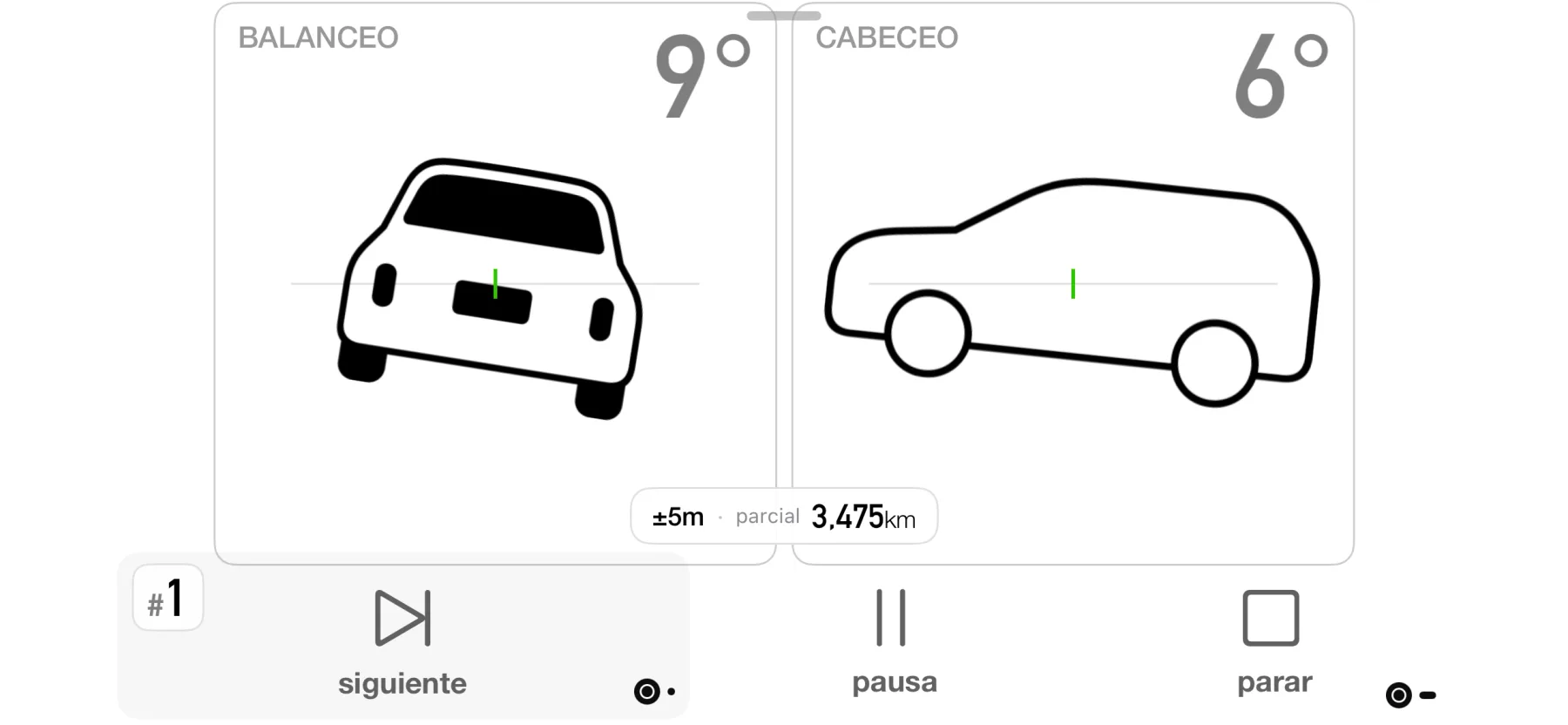 Inclinómetro de 3pMaster en iPhone con indicadores de balanceo y cabeceo que muestran los ángulos de inclinación del vehículo
