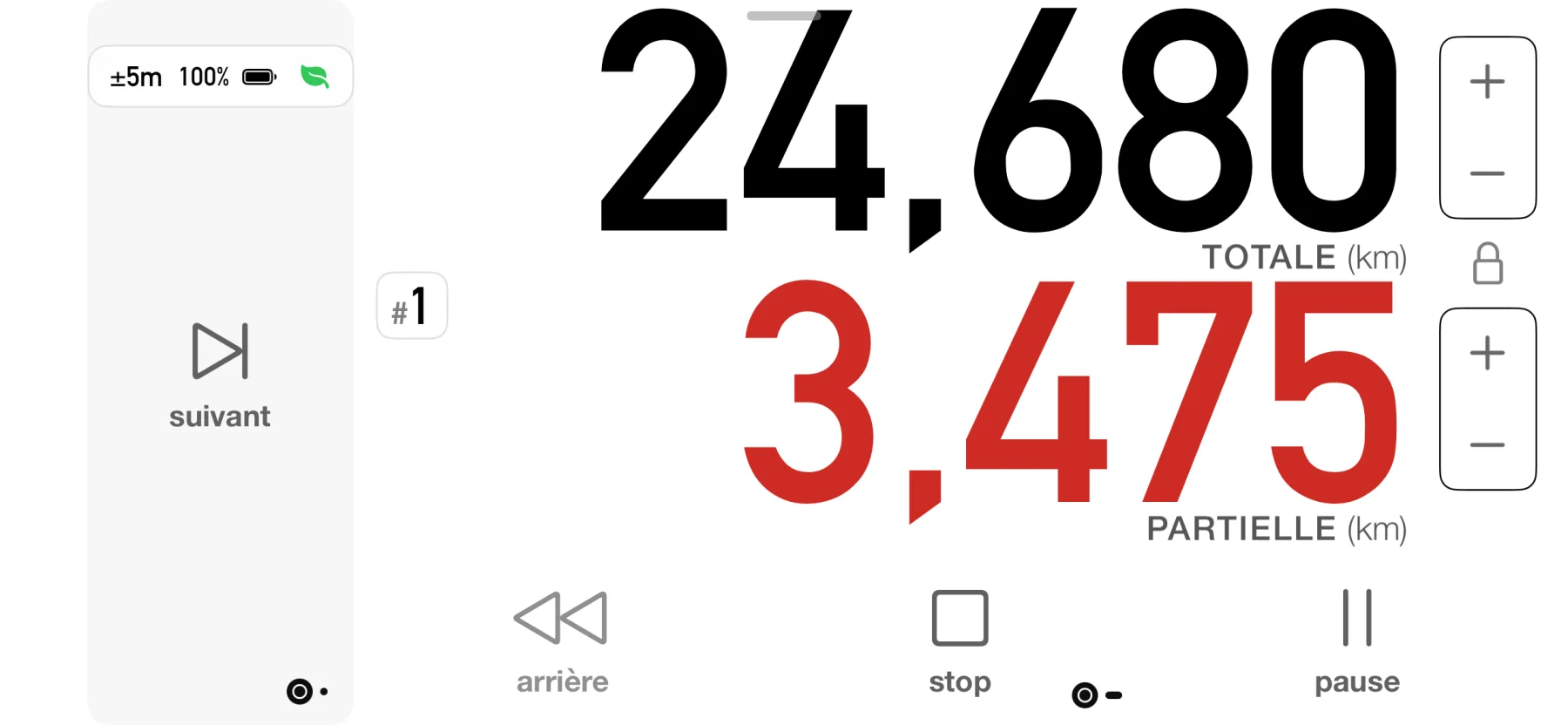 Tableau de bord de conduite 3pMaster sur iPhone avec affichage agrandi de la distance totale et partielle et commandes suivant, reculer, stop et pause