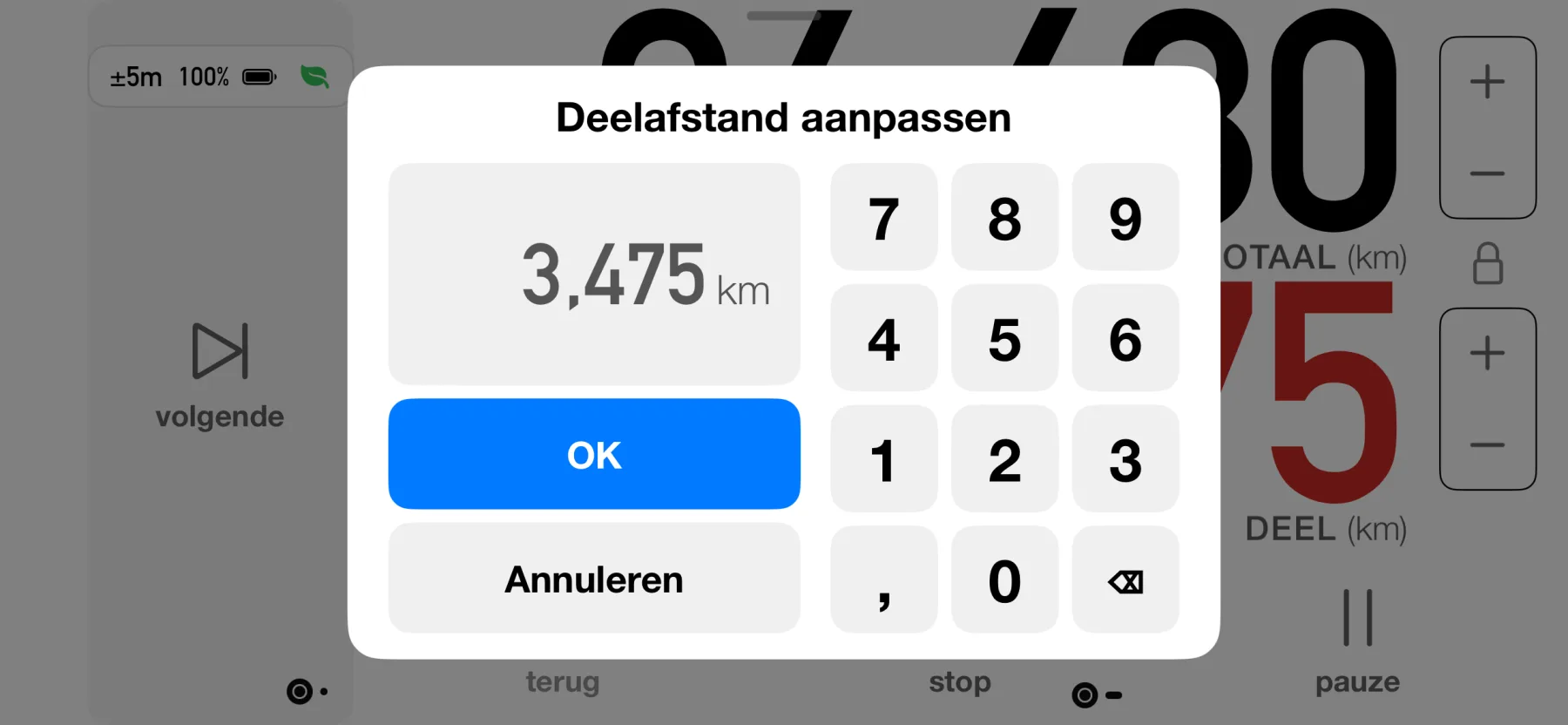 3pMaster op iPhone die de gedeeltelijke afstand aanpast met een numeriek toetsenblok