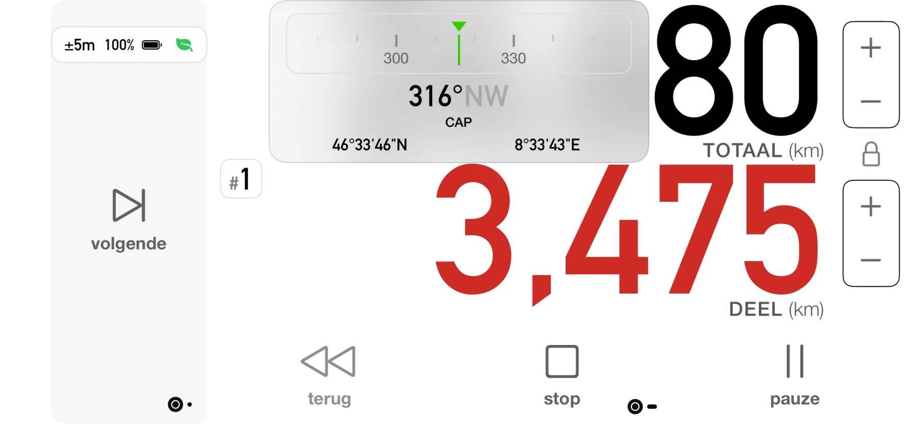 3pMaster dashboard op iPhone met weergave van het koerskompas op 316 graden noordwest met live gps-coördinaten