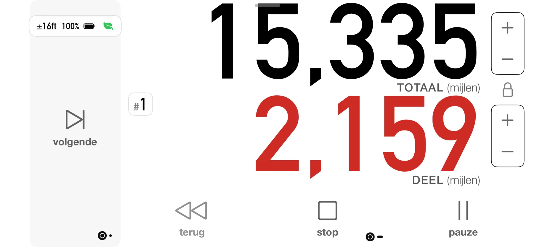 3pMaster dashboard op iPhone met weergave van totale en gedeeltelijke afstand in mijlen